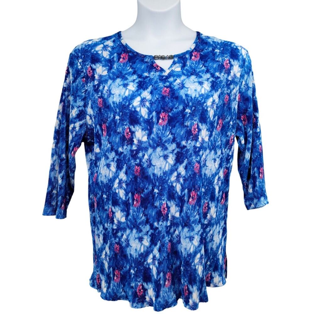 Women's BonWorth Petite 3/4 Sleeve Floral‎ Tie-Dye Ribbed Dressy Casual Blouse